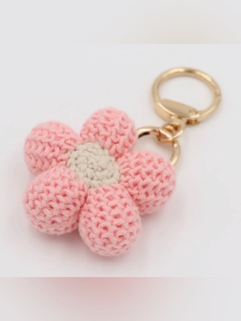 Handcrafted Pink Crochet Flower Keychain with Gold Tone Hardware